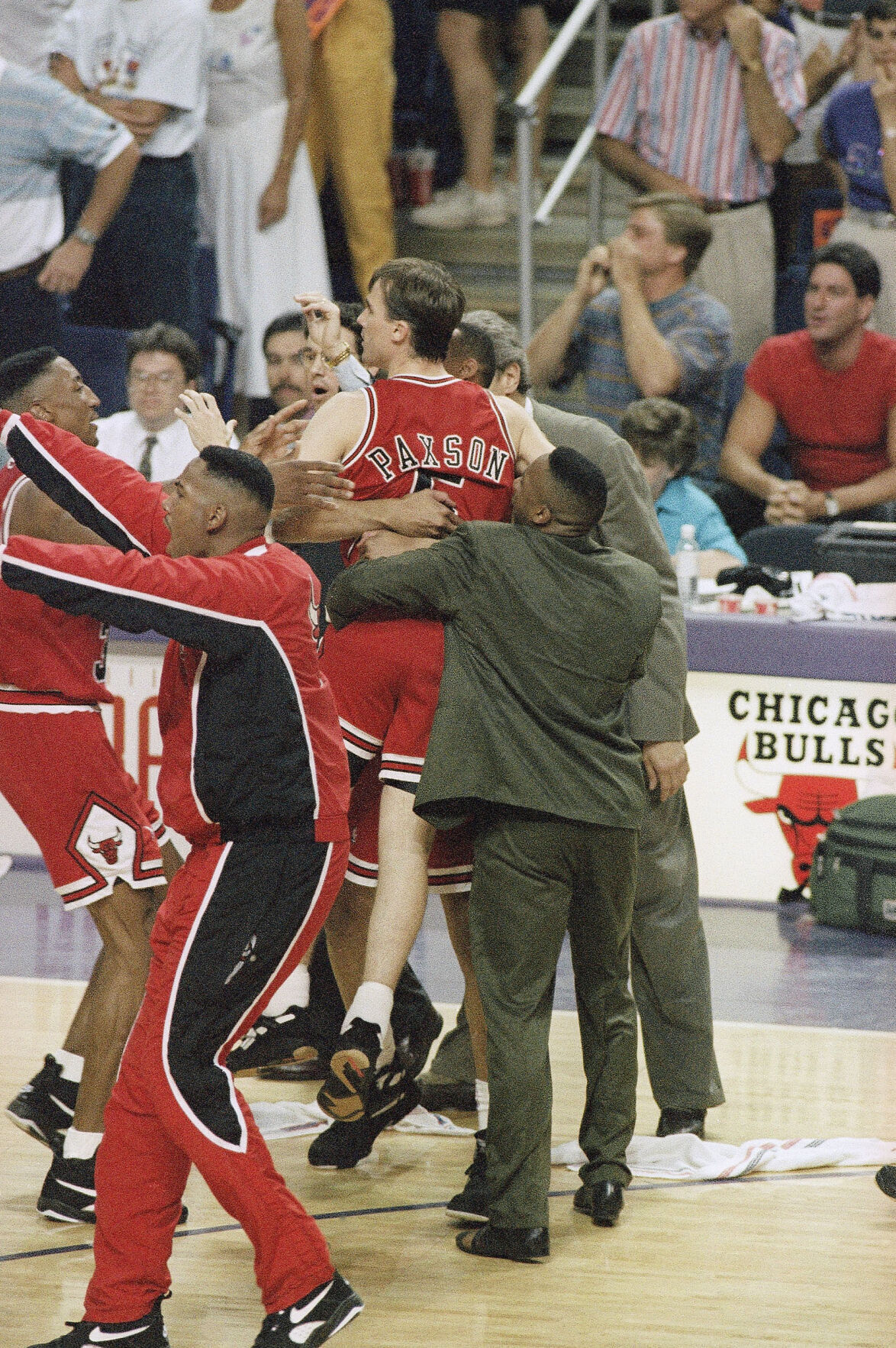 1993: John Paxson hits  3-pointer to lift Chicago Bulls to their third consecutive NBA title